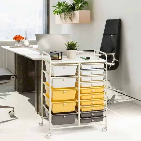 Costway Carrello cassettiera multiuso con 15 cassettiera in plastica da cucina Contenitore con ruote Giallo