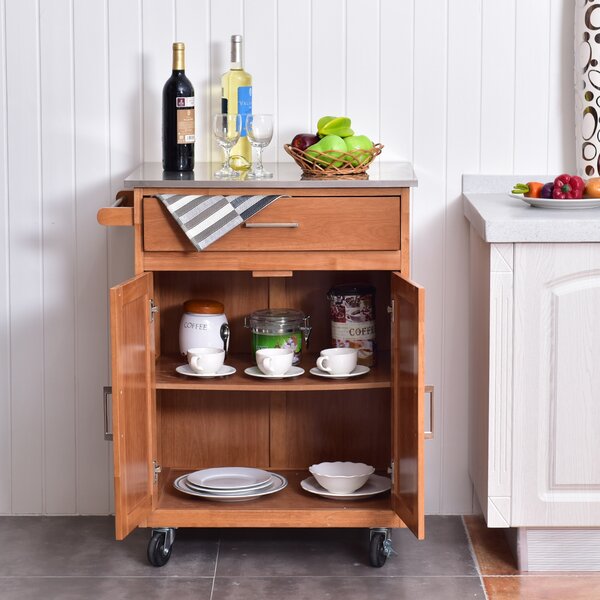 Costway Carrello da cucina con piano di lavoro, Armadio in acciaio inox con 2 ante, Naturale