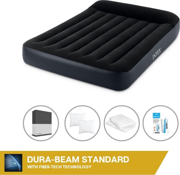 Letto ad aria Intex - 2 persone - 137 x 191 x 25 cm - Nero - Con pompa incorporata + lenzuolo nero + cuscino + federe Molton 2 in 1 + set di riparazione
