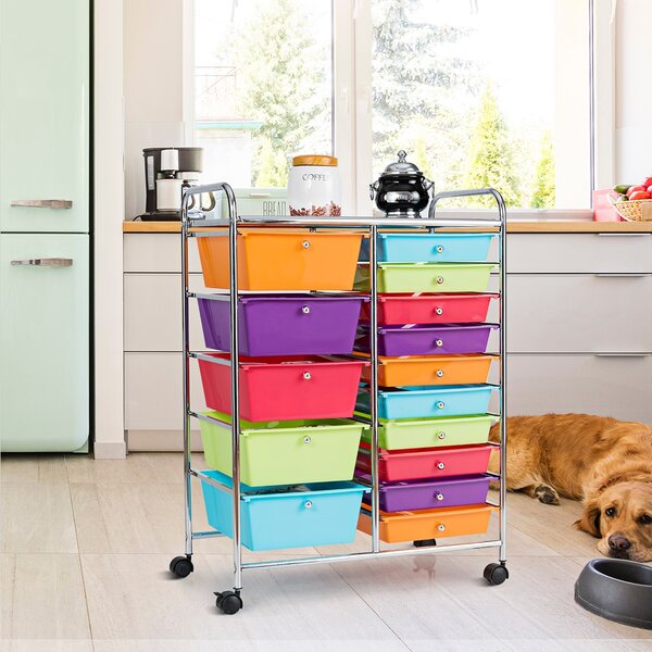 Costway Carrello cassettiera multiuso con 15 cassettiera in plastica da cucina Contenitore con ruote Colorato 1