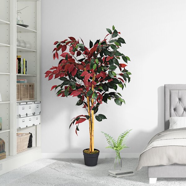Costway Pianta artificiale realistica e decorativa, Fico finto 120 cm in vaso, Verde e rosso