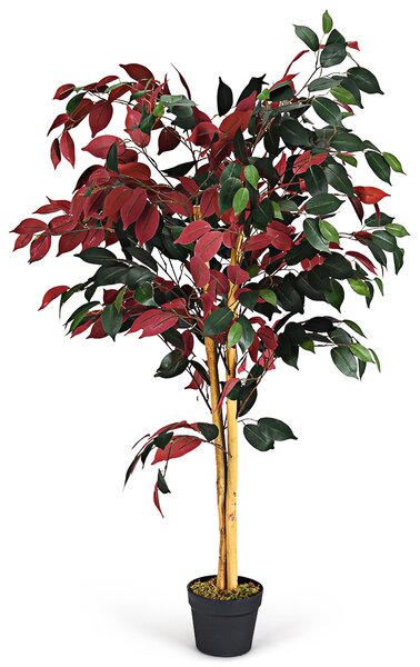 Costway Pianta artificiale realistica e decorativa, Fico finto 120 cm in vaso, Verde e rosso