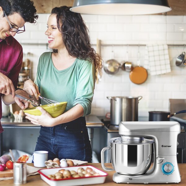 Costway Robot da cucina elettrico, Mixer elettrico con testina inclinata gancio per planetaria frusta e sbattiuova, Argento