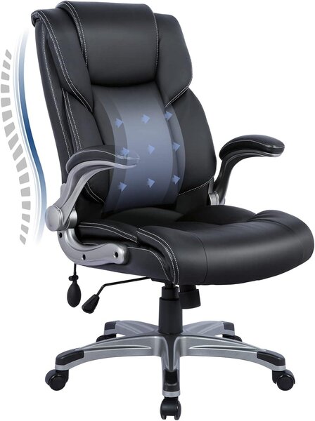 Sedia da ufficio, poltrona ergonomica per ufficio con schienale alto, poltrona in pelle con braccioli imbottiti e reclinabili, e regolazione dell'inclinazione