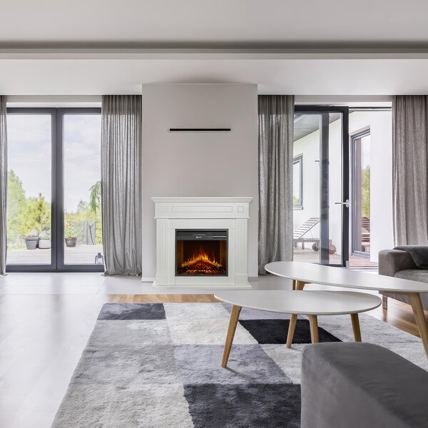 Camino elettrico caminetto da terra CAMBRIDGE in legno Bianco Dimensioni 110 x25x h 95 cm - peso 11,20 kg Volume riscaldabile 30 m2