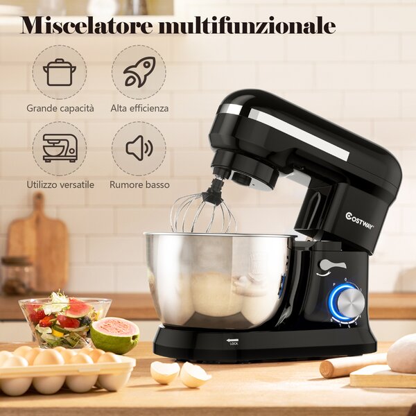 Costway Planetaria da cucina elettrico multifunzionale 4,5L con testina inclinata, Robot da cucina con 8 velocità Nero