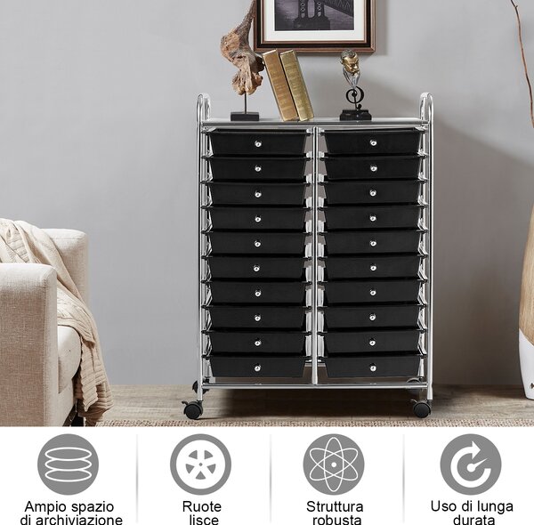 Costway Carrello cassettiera multiuso e leggero con 20 cassetti, Contenitore con ruote per ufficio e casa Nero