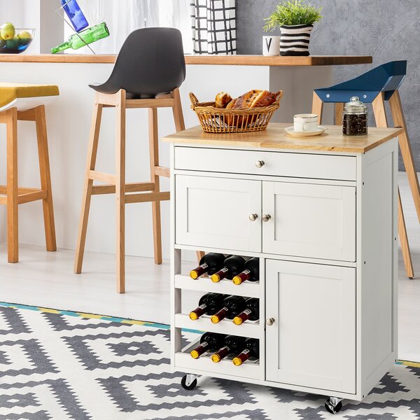 Costway Carrello da cucina con portabottiglie a 3 livelli e cassetto, Isola da cucina con superficie in legno Bianco