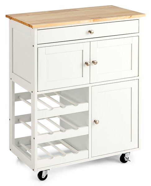 Costway Carrello da cucina con portabottiglie a 3 livelli e cassetto, Isola da cucina con superficie in legno Bianco