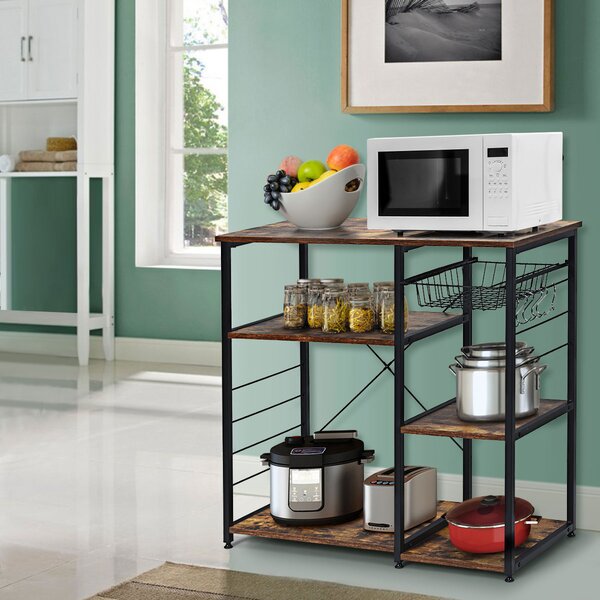 Costway Scaffale 3 livelli per microonde con cesto a rete, Organizer cucina multiuso con piedini regolabili Naturale