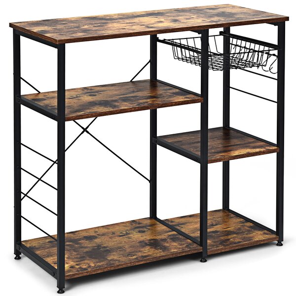 Costway Scaffale 3 livelli per microonde con cesto a rete, Organizer cucina multiuso con piedini regolabili Naturale