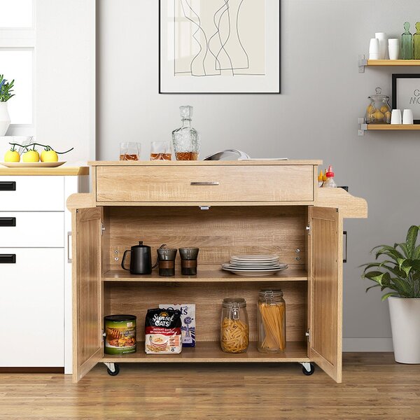 Costway Carrello da cucina rotante con rotelle in gomma bloccabili ampio armadio cassetto, Carrello portaoggetti Naturale