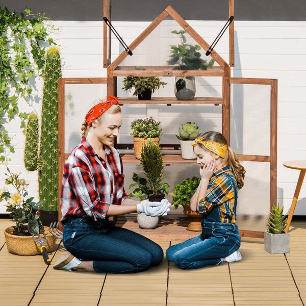 Costway Struttura a 3 livelli di legno con ripiani rimovibili per giardino, Mini serra con protezione PC superfici doppie