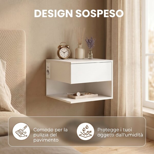 HOMCOM Set di 2 Comodini a Parete Con Prese di Corrente, Bianco | Aosom Italy