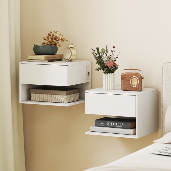 HOMCOM Set di 2 Comodini a Parete Con Prese di Corrente, Bianco | Aosom Italy