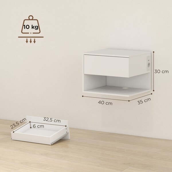 HOMCOM Set di 2 Comodini a Parete Con Prese di Corrente, Bianco | Aosom Italy