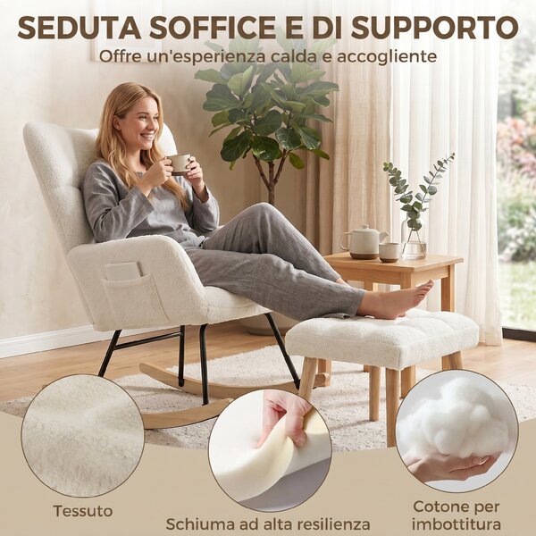 HOMCOM Sedia a Dondolo in Sherpa con Poggiapiedi, Tasche Laterali, Seduta Spessa, Design Trapuntato, Crema | Aosom Italy