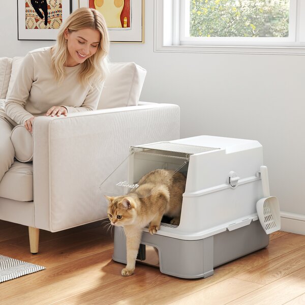 PawHut 3 in 1 Lettiera Gatto Chiusa 68L con Coperchio, Vassoio Estraibile in Acciaio Inox, Paletta, Grigio | Aosom Italy
