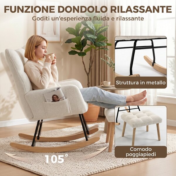 HOMCOM Sedia a Dondolo in Sherpa con Poggiapiedi, Tasche Laterali, Seduta Spessa, Design Trapuntato, Crema | Aosom Italy