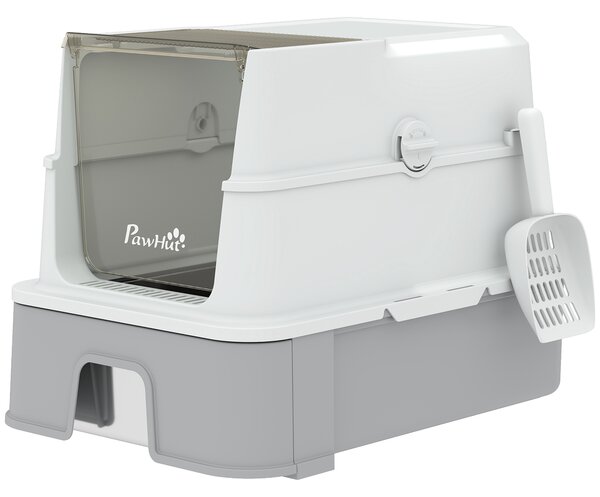 PawHut 3 in 1 Lettiera Gatto Chiusa 68L con Coperchio, Vassoio Estraibile in Acciaio Inox, Paletta, Grigio | Aosom Italy