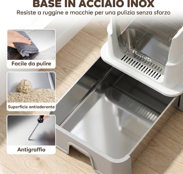 PawHut 3 in 1 Lettiera Gatto Chiusa 68L con Coperchio, Vassoio Estraibile in Acciaio Inox, Paletta, Grigio | Aosom Italy