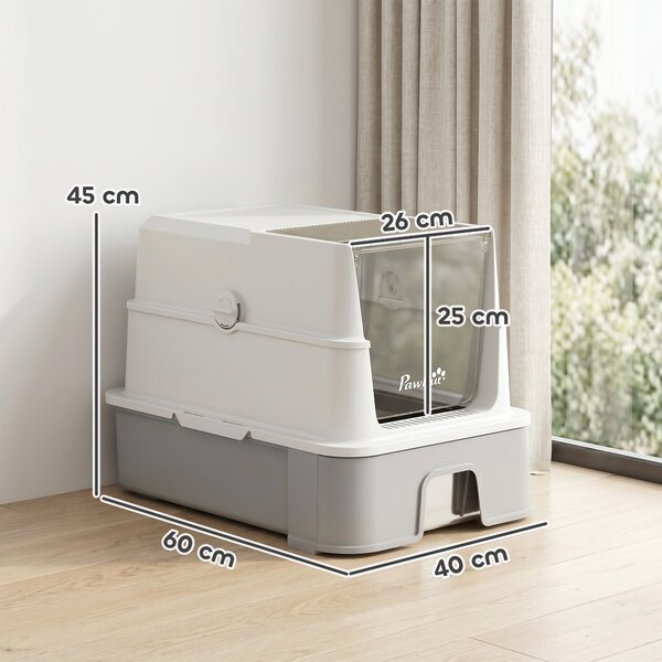 PawHut 3 in 1 Lettiera Gatto Chiusa 68L con Coperchio, Vassoio Estraibile in Acciaio Inox, Paletta, Grigio | Aosom Italy