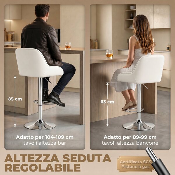 HOMCOM Set 2 Sgabelli da Bar Girevoli Regolabili per Cucina, Bianco | Aosom Italy
