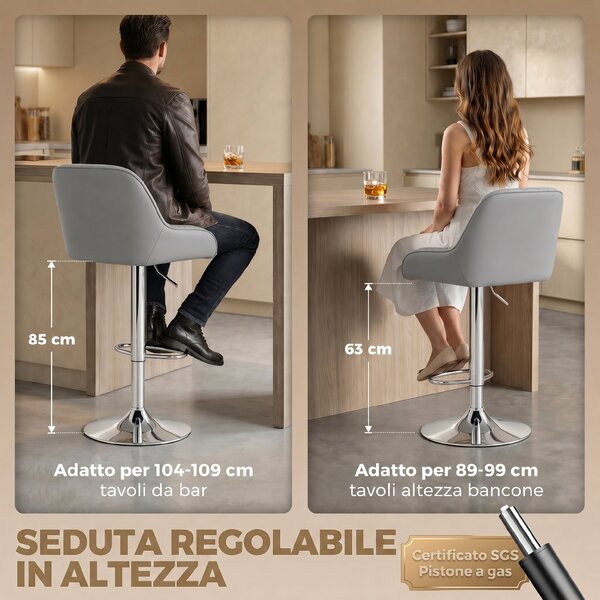 HOMCOM Set di 2 Sgabelli da Bar Girevoli Regolabili per Cucina, Grigio Chiaro | Aosom Italy