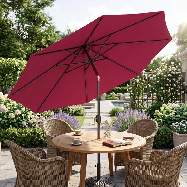 Outsunny Ombrellone da Giardino Φ295cm Inclinabile con Manovella in Metallo e Poliestere Rosso Scuro|Aosom