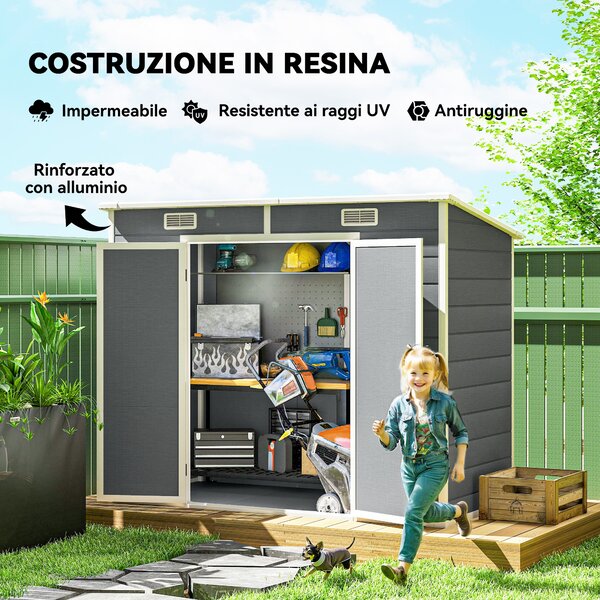 Outsunny Casetta da Giardino in Resina con Pavimento, 2 Porte con Blocco, Finestra, 2.4 x 1.3 m, Grigio | Aosom Italy