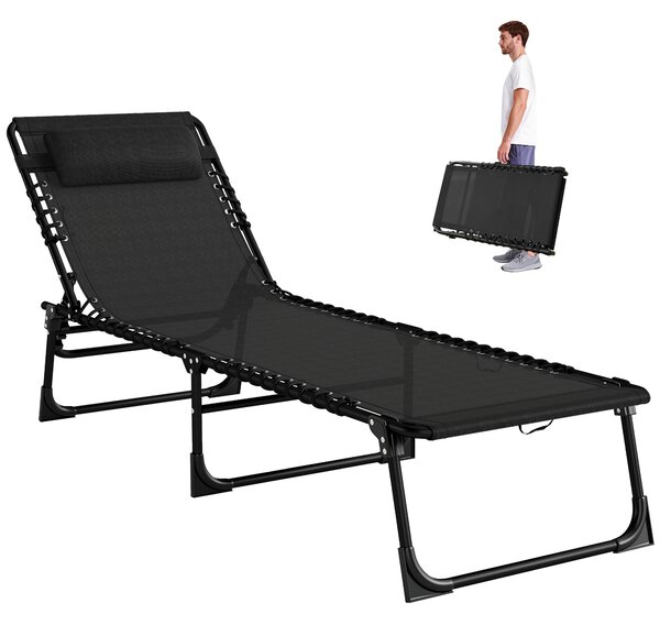 Outsunny Lettino Prendisole in Acciaio e Tessuto Traspirante con Schienale Reclinabile, 197x58x26 cm, Nero|Aosom