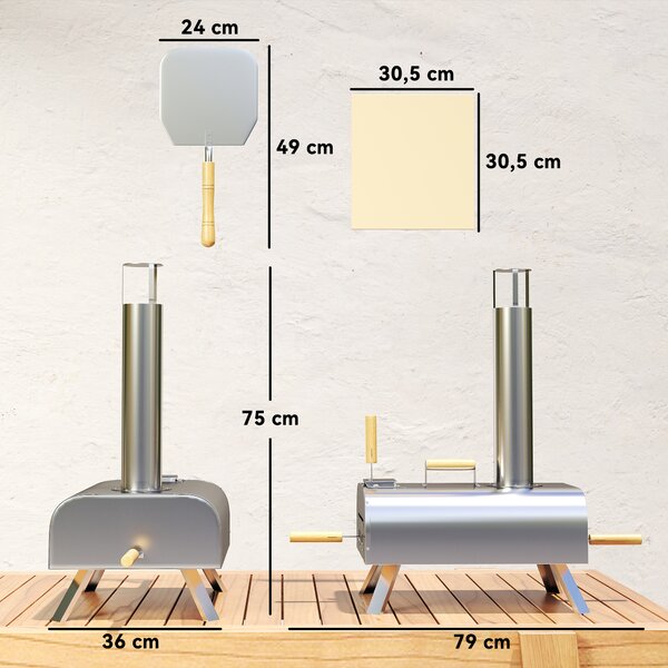 Outsunny Forno per Pizza a Pellet di Legno con Pietra Refrattaria e Pala, in Acciaio Inox, 79x36x75 cm, Argento