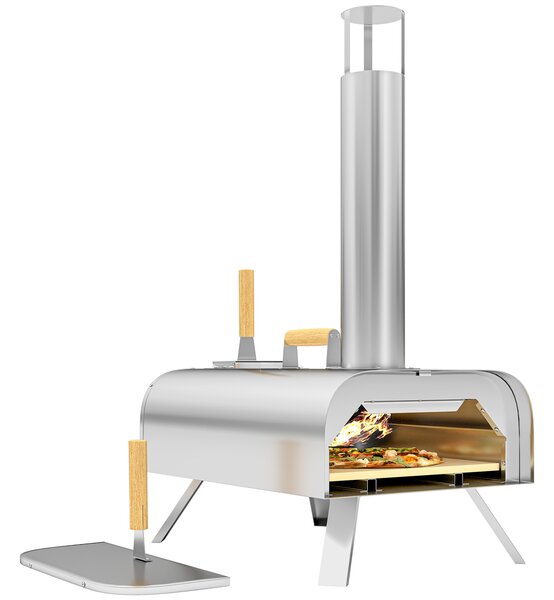 Outsunny Forno per Pizza a Pellet di Legno con Pietra Refrattaria e Pala, in Acciaio Inox, 79x36x75 cm, Argento