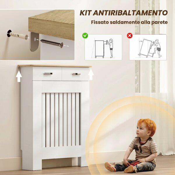HOMCOM Copritermosifone a Doghe Antiribaltamento con Cassetto, in Legno, 78x19x97 cm, Bianco | Aosom Italy