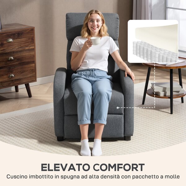 HOMCOM Poltrona Relax Imbottita e Reclinabile a 135° e Poggiapiedi in Tessuto, 69x87x100.5 cm, Grigio | Aosom Italy
