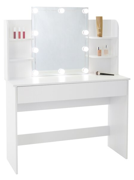 ECD Germany Tavolo da toilette bianco con illuminazione a LED, specchio, cassetto, scomparti, 108x40x140 cm, tavolo cosmetico in legno MDF