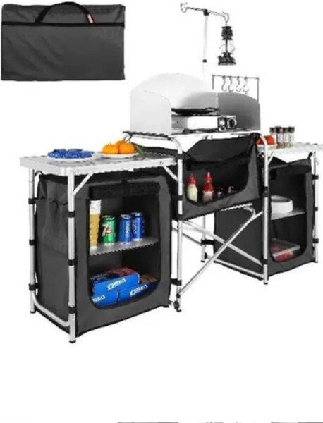 Barbecue portatile in alluminio con 3 cassetti e paravento - 174x110x46 cm - borsa da trasporto inclusa