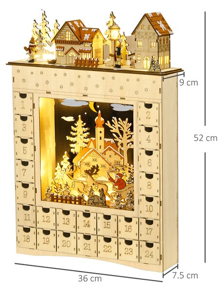 HOMCOM Calendario dell'Avvento da Riempire con 24 Cassetti e Luci a LED, in Legno Naturale 36 x 9 x 52 cm | Aosom Italy