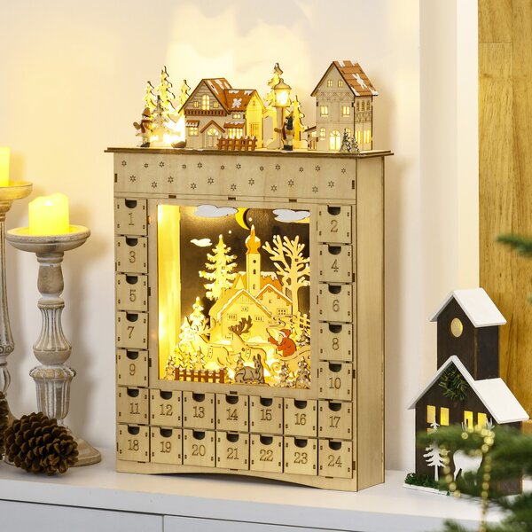 HOMCOM Calendario dell'Avvento da Riempire con 24 Cassetti e Luci a LED, in Legno Naturale 36 x 9 x 52 cm | Aosom Italy