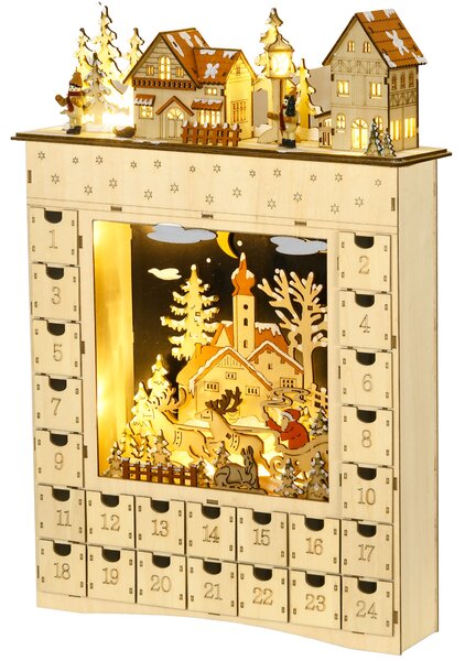 HOMCOM Calendario dell'Avvento da Riempire con 24 Cassetti e Luci a LED, in Legno Naturale 36 x 9 x 52 cm | Aosom Italy