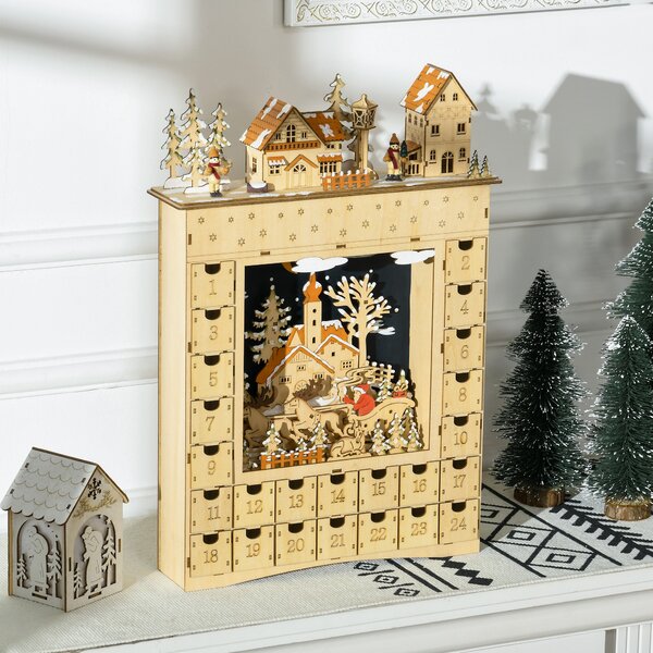 HOMCOM Calendario dell'Avvento da Riempire con 24 Cassetti e Luci a LED, in Legno Naturale 36 x 9 x 52 cm | Aosom Italy