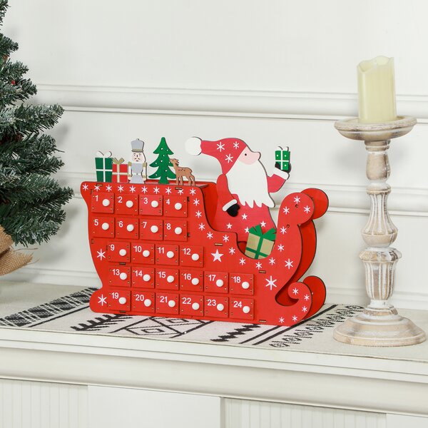 HOMCOM Calendario dell'Avvento a riempire in legno, decorazione natalizia con 24 cassetti, Babbo Natale e slitta, 22,5x8x36cm, rosso | Aosom Italy