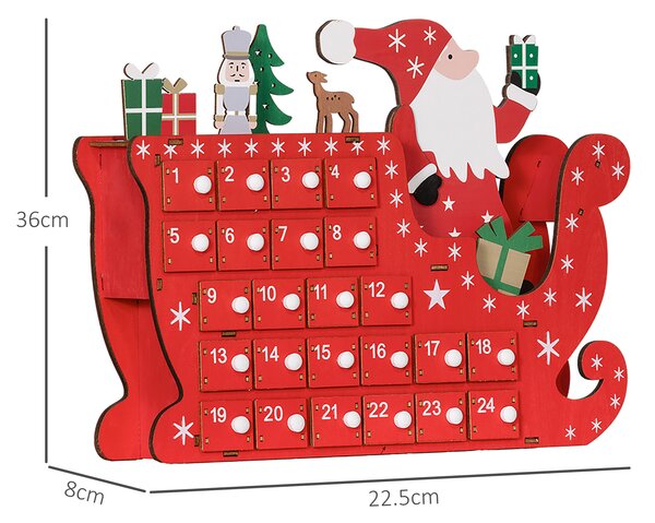 HOMCOM Calendario dell'Avvento a riempire in legno, decorazione natalizia con 24 cassetti, Babbo Natale e slitta, 22,5x8x36cm, rosso | Aosom Italy