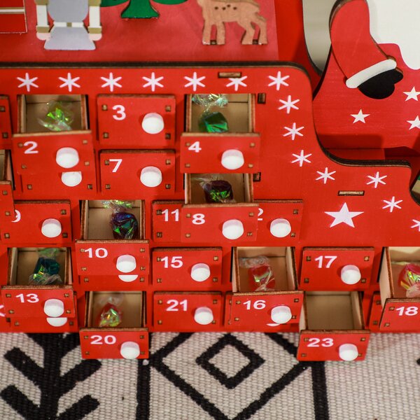 HOMCOM Calendario dell'Avvento a riempire in legno, decorazione natalizia con 24 cassetti, Babbo Natale e slitta, 22,5x8x36cm, rosso | Aosom Italy