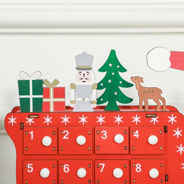HOMCOM Calendario dell'Avvento a riempire in legno, decorazione natalizia con 24 cassetti, Babbo Natale e slitta, 22,5x8x36cm, rosso | Aosom Italy
