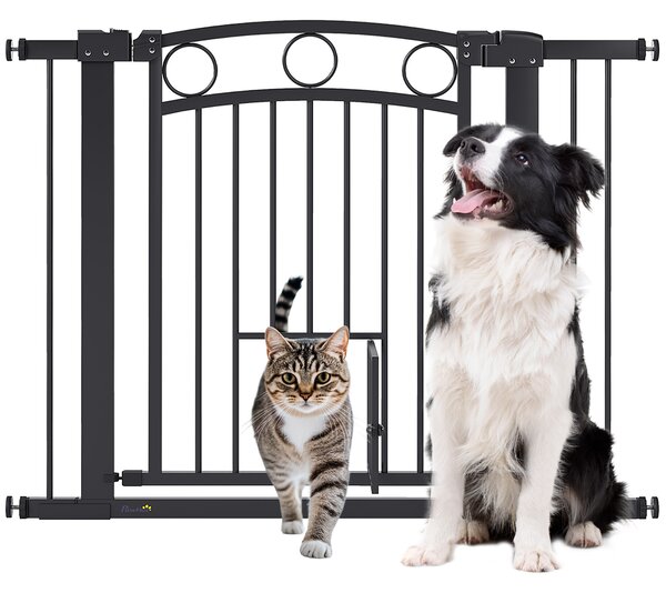PawHut Cancelletto per animali, larghezza regolabile 76-104 cm, con porta per gatti, Nero | Aosom Italy