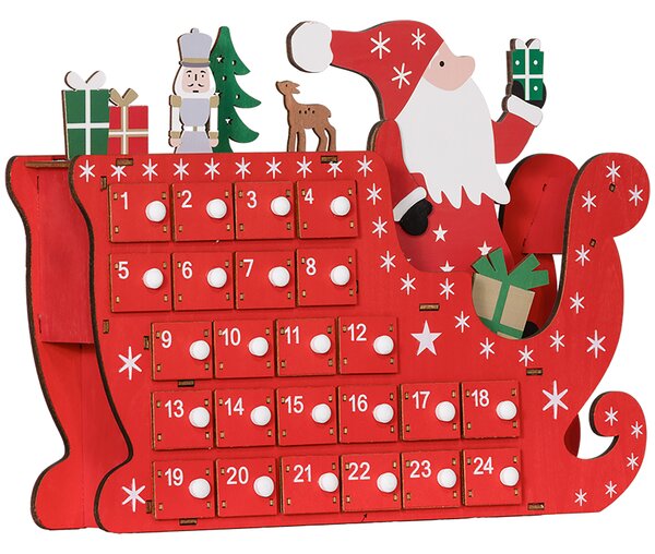 HOMCOM Calendario dell'Avvento a riempire in legno, decorazione natalizia con 24 cassetti, Babbo Natale e slitta, 22,5x8x36cm, rosso | Aosom Italy