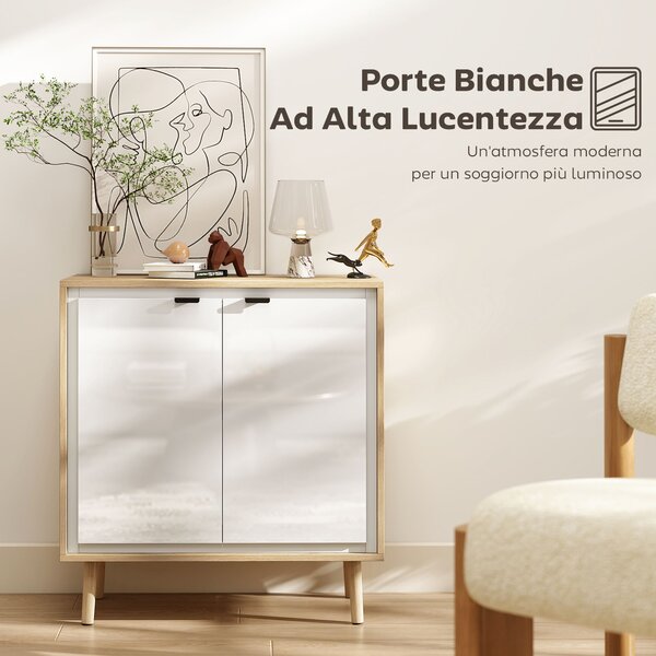 HOMCOM Credenza Moderna a 2 Ante con Ripiano Regolabile, 72x35x77 cm, Bianco Lucido e Rovere | Aosom Italy