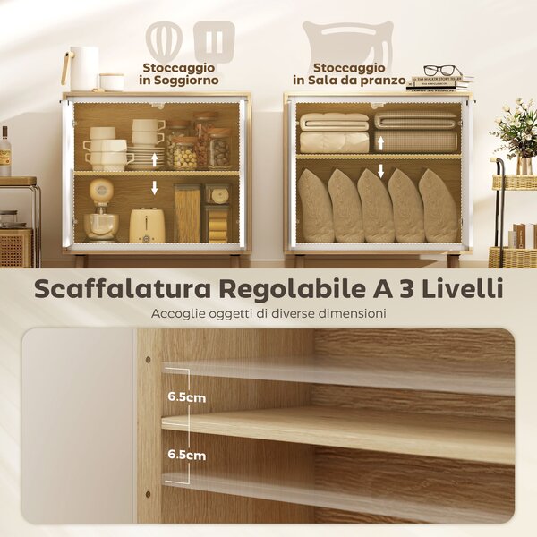 HOMCOM Credenza Moderna a 2 Ante con Ripiano Regolabile, 72x35x77 cm, Bianco Lucido e Rovere | Aosom Italy