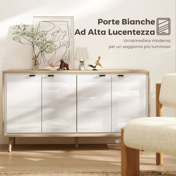 HOMCOM Credenza Moderna a 4 Ante con Ripiano Regolabile, 141x35x77 cm, Bianco Lucido e Rovere | Aosom Italy